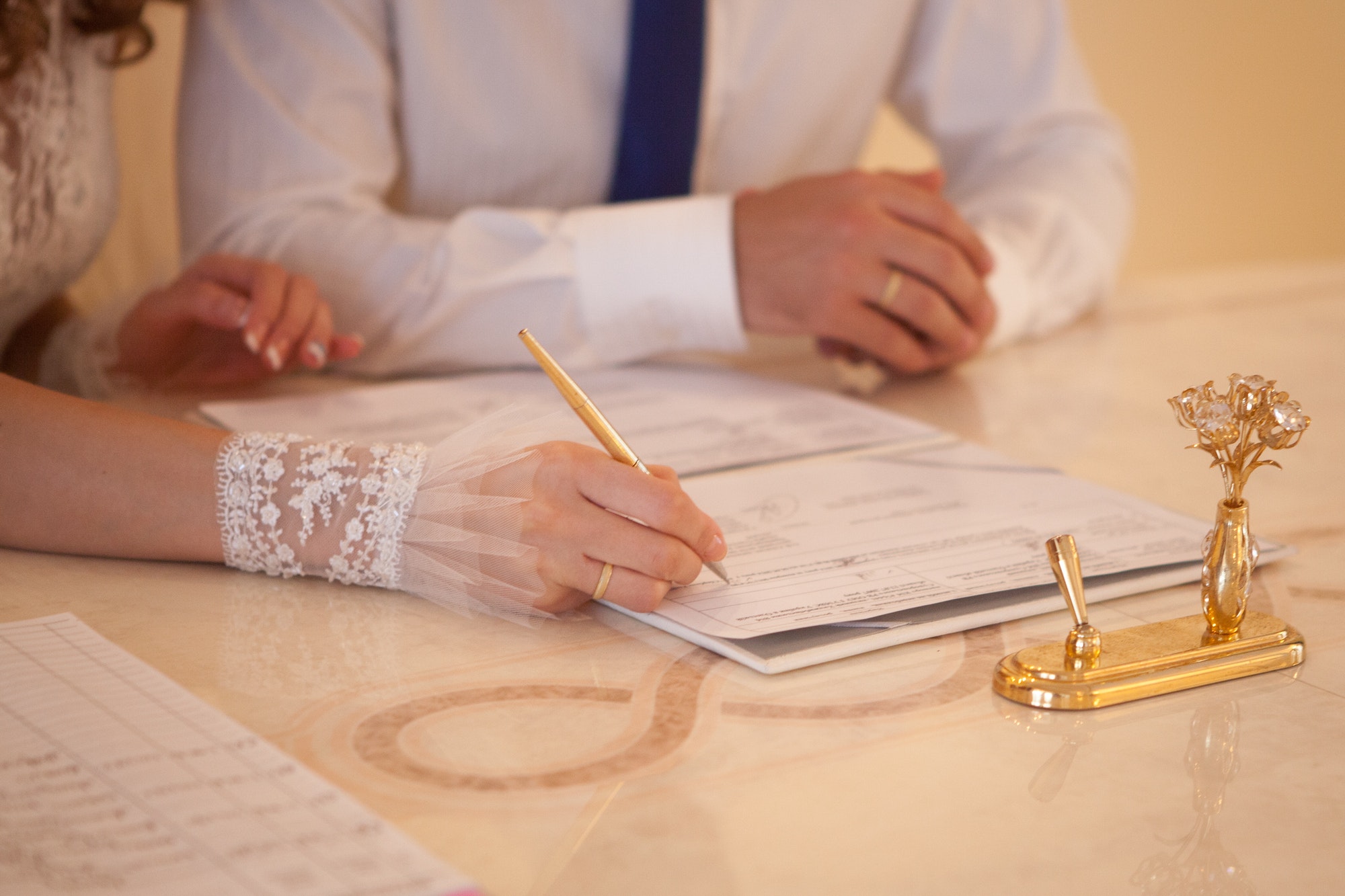 Wedding ceremony, bride and groom signature