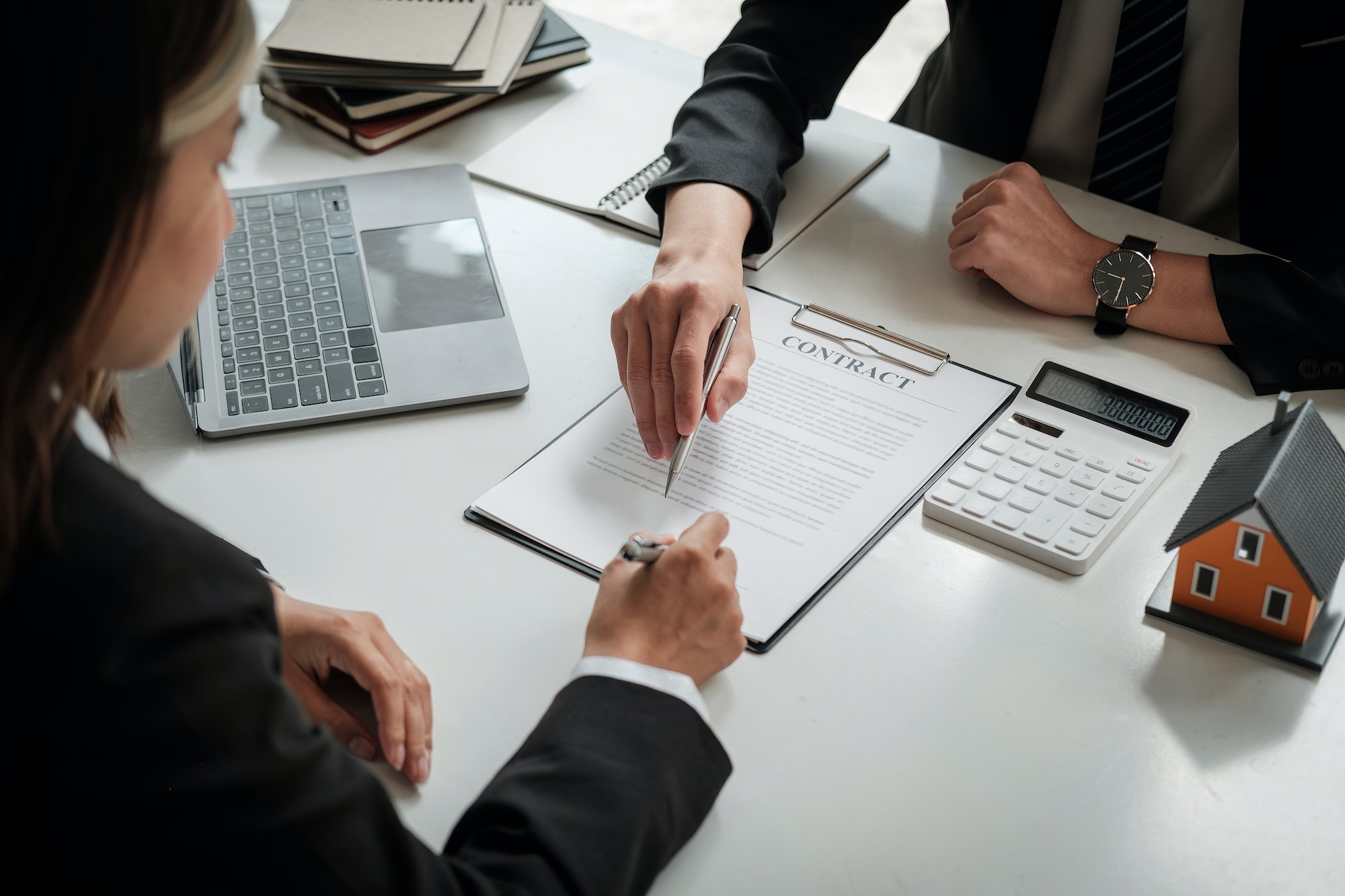 legal consultants, notary or justice lawyer discussing contract document on desk with client